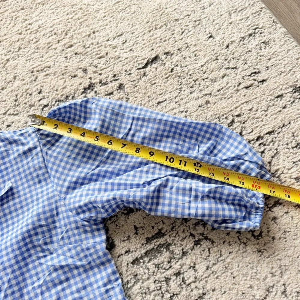 NWOT-Woman’s Blue Plaid Gingham Babydoll Top w/ Tie Front Short Puff Sleeves - Picture 14 of 14